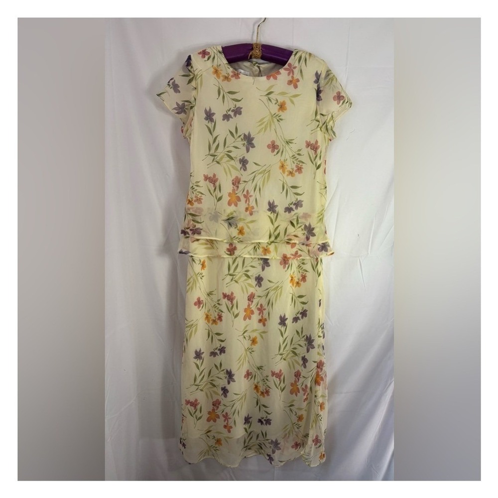 VTG 90s Butter Cream Yellow Floral Short Sleeve Structured Fairy Dress Size L